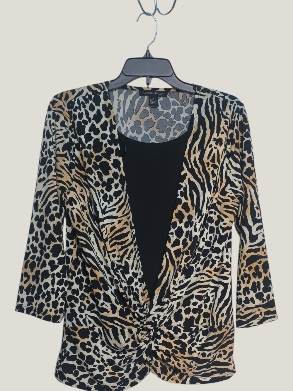 Carolyn Taylor Mixed Animal-Print Twist-Front Blazer Shirt in Black and Brown